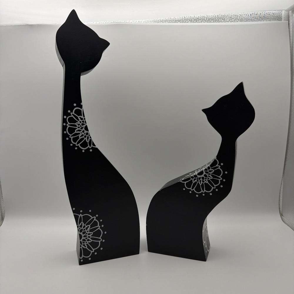 Set 2 Wood Carved Cat Silhouette Painted Adorable Pair of CATS Statue 14" 11"